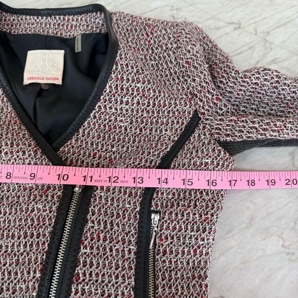 Rebecca Taylor cotton blend Front Zip Fringe Trim Tweed Jacket Red Combo Size 2 - Picture 8 of 9